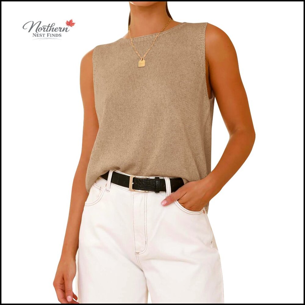 Sleeveless Ribbed Knit Sweater Vest Lightweight Pullover Crew Neck Tank Top - Picture 1 of 7